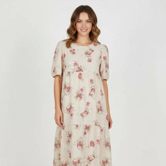 NWT En Saison Natural Color Floral Print Midi Dress - Picture 1 of 10